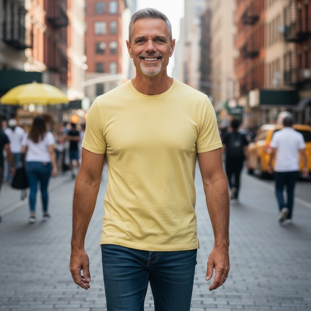 Bassiri Uomo Mens Yellow Viscose Microfiber Ribbed Crewneck T-Shirt Size M EUC